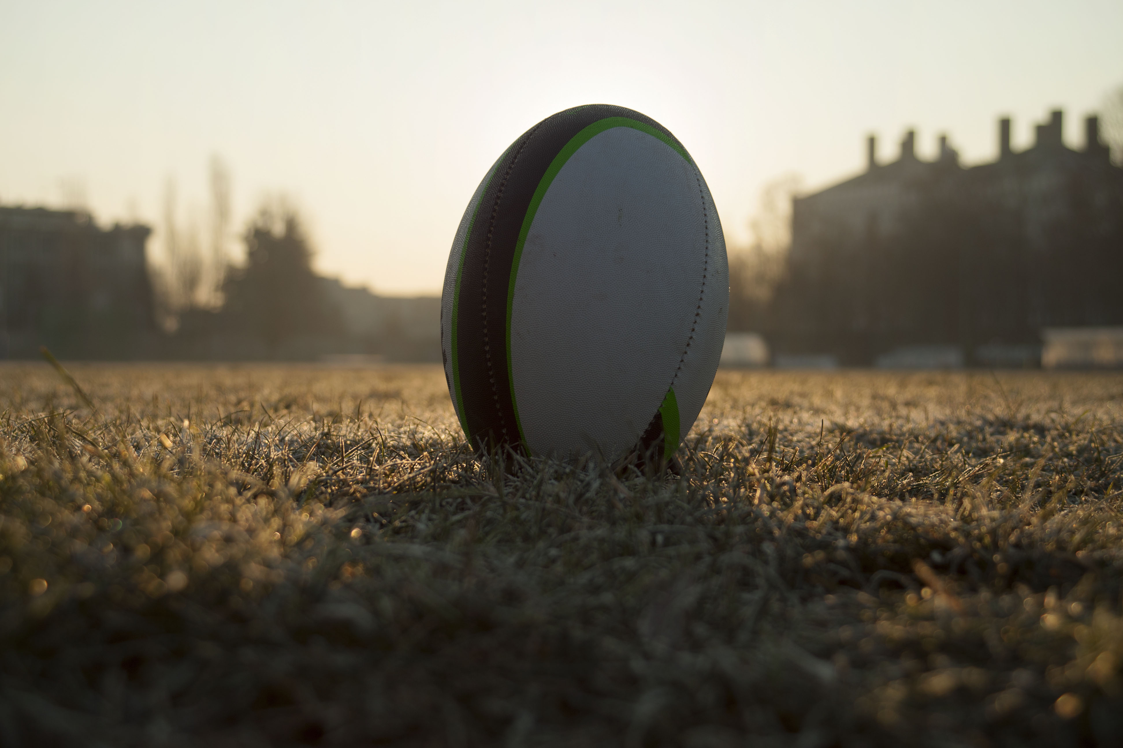 a rugby ball on a field with the sun behind it