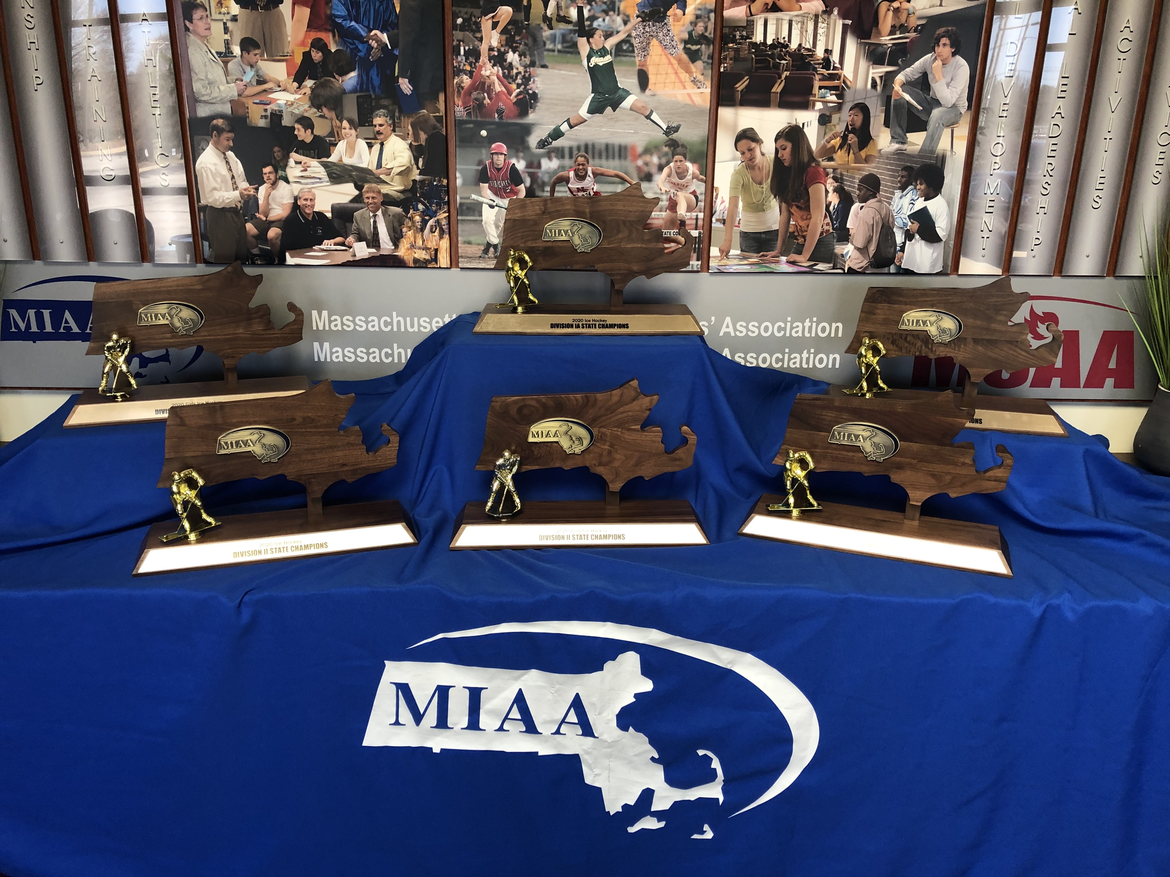 a table displaying miaa trophies 